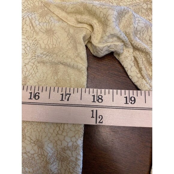 Chico's Floral Knit Top Yellow with Gold Metallic 3/4 Sleeve Ruched Sides Sz 1 - Picture 7 of 9